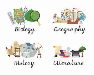 A set of academic disciplines. Biology, Geography, History, Literature for school notebooks. Vector color graphics