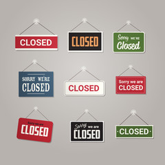set colorful closed signs hanging outside business office store shop or restaurant coronavirus pandemic quarantine bankruptcy commerce crisis concept vector illustration