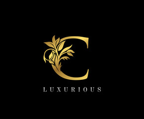 Classy Golden C Letter Floral logo. Vintage drawn emblem for book design, weeding card, label, business card, Restaurant, Boutique, Hotel.