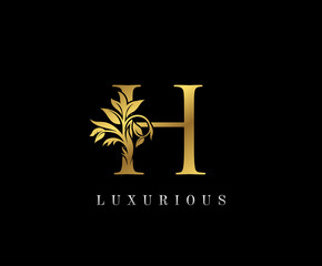 Classy Golden H Letter Floral logo. Vintage drawn emblem for book design, weeding card, label, business card, Restaurant, Boutique, Hotel.