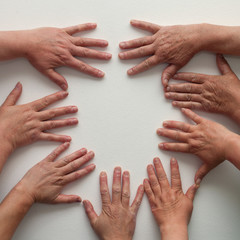 The hands are fully open, fan-shaped in a circle, form a circle. Hands of the elderly. Symbolize cohesion.