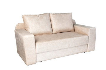 beige light brown sofa folded and laid out as a bed isolated on a white background