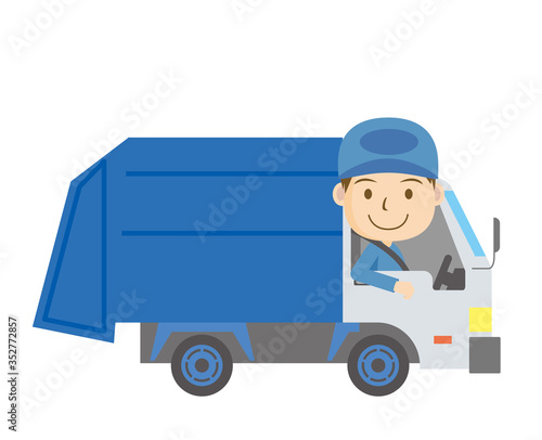働く車と人物のイラスト ゴミ収集車と笑顔のドライバーの男性 行政自治体 Wall Mural Globeds