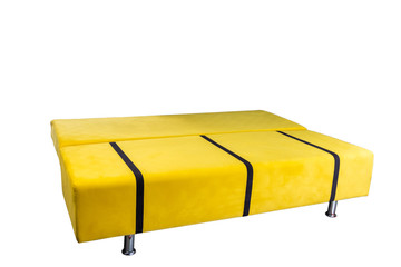 beige light brown sofa folded and laid out as a bed isolated on a white background