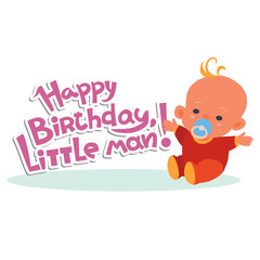 birthday greetings, lettering and baby in red overalls, isolated object on a white background, vector illustration,