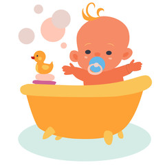 happy baby bathes in a bath with a yellow rubber duck, isolated object on a white background, vector illustration,