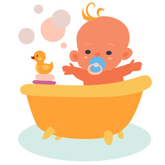 happy baby bathes in a bath with a yellow rubber duck, isolated object on a white background, vector illustration,