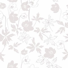 Seamless pattern with pale flowers anemones and leaves on a white background. Flat vector image.