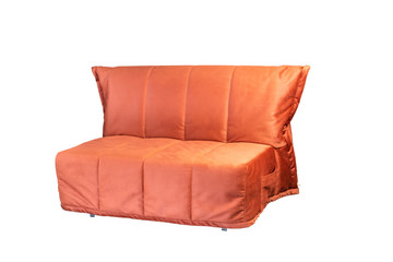 red bright sofa with pillows isolated on white background