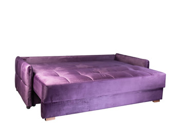 bright little purple sofa folded and laid out as a bed isolated on a white background