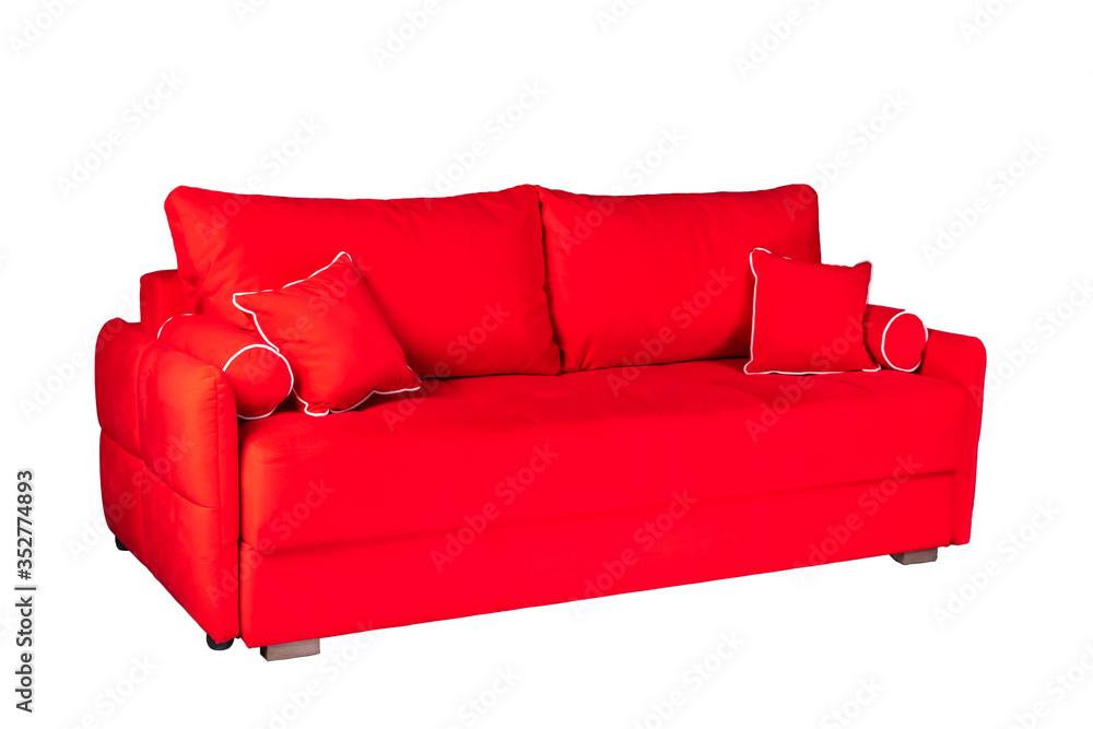 Wall mural red bright sofa with pillows isolated on white background