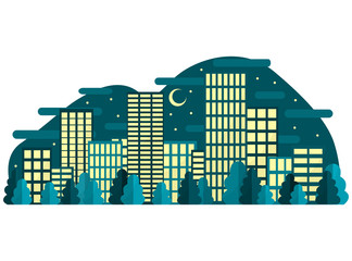 Vector illustration of a night city. Panorama of the town with trees, windows, houses, stars and the moon in dark blue. Image of buildings in daylight. For background, poster, print, web.