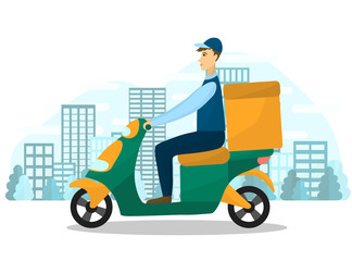 Vector image of the courier on the scooter. Young driver with an order on the motorcycle. Delivery illustration. Online shopping and ordering. City on the background