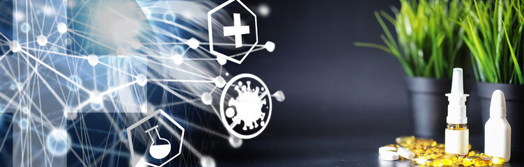 Composition from Bottles of cough syrup.Healthcare, medicine, flu and treatment concept - paper wipes and thermometer with pills.