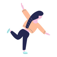 Young woman with long braid dancing. Girl makes a swallow. Flat vector illustration.