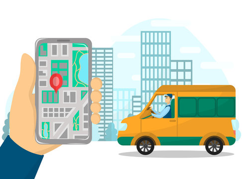 City Map Vector Image. Food Delivery Driver On A Truck Or Van. Phone In Hands With Destination Pin. Town On The Background. Online Shopping. Illustration Of Navigation And Gps On Screen.