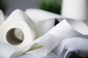Toilet paper in a roll. Snow-white soft three-layer toilet paper. Lack of hygiene products. Primary protection and disinfection.