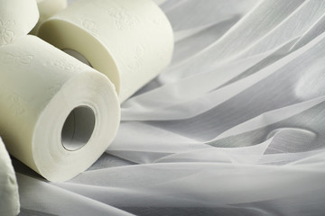 Toilet paper in a roll. Snow-white soft three-layer toilet paper. Lack of hygiene products. Primary protection and disinfection.