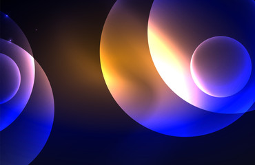 Neon shiny transparent glowing circles with light effects. Techno futuristic vector abstract background For Wallpaper, Banner, Background, Card, Book Illustration, landing page