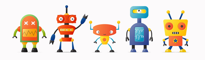 Set of cute vector robot characters for kids. Five funny vintage style robotics