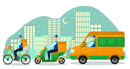 Naklejka premium Vector illustration of the delivery at night. Vehicle with a driver and city on the background. Bike, scooter and van. Bicycle, motorcycle and truck. Online shopping and ordering.