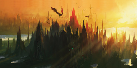 The lair of the dragon by the river valley, digital painting. © liuzishan