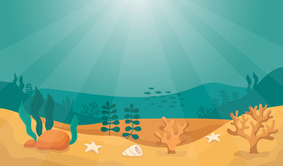 Sea bottom. Underwater world in the sun. Ecosystem. Algae, stones, silhouettes of coral and fish, shells. Place for text. Summer background. Vector cartoon illustration.