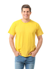 Man in stylish t-shirt on white background
