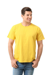 Man in stylish t-shirt on white background