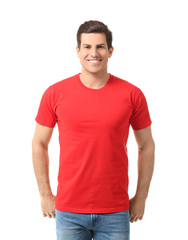 Fototapeta premium Man in stylish t-shirt on white background