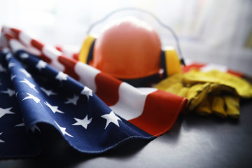 Flapping flag USA with wave. American flag for Memorial Day or 4th of July. Closeup of American...