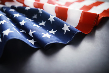 Flapping flag USA with wave. American flag for Memorial Day or 4th of July. Closeup of American...