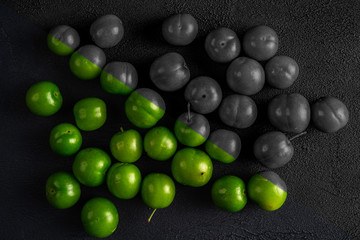 Green sour plum. Greengage on isolated on dark background. Colorful, black and white. Top view. Copy space for text message. Creative concept.