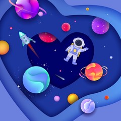 Background, template for banner with cut out of paper astronaut or spaceman, spaceship and space.