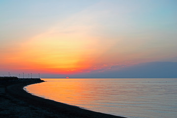 Fototapeta premium Cloudy sunset over the sea at Therma beach – Samothraki island, Greece, Aegean sea