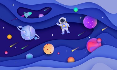 Paper cut out galaxy banner with cartoon planets and astronaut