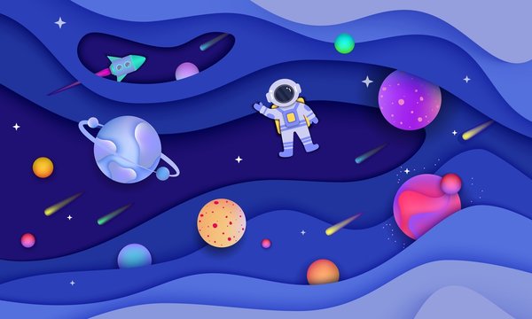 Paper cut out galaxy banner with cartoon planets and astronaut