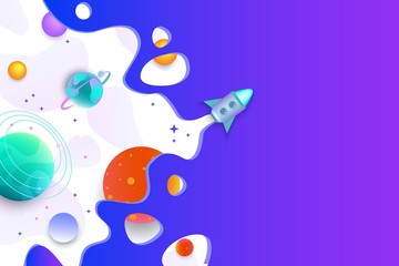 Space universe banner with rocket and galaxy planets, flat vector illustration.
