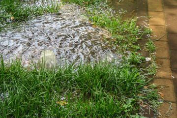 Emergency sewage. Water flows down the sidewalk from the sewer. An accident in the sewer. Water...