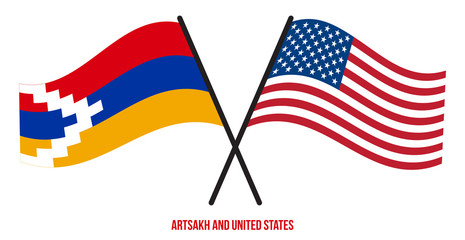 Artsakh and United States Flags Crossed And Waving Flat Style. Official Proportion. Correct Colors