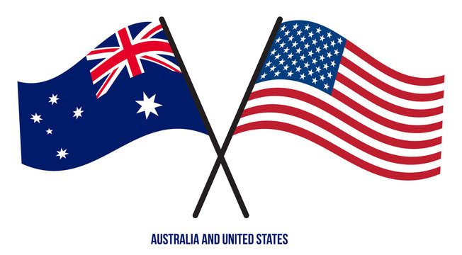 Australia and United States Flags Crossed And Waving Flat Style. Official Proportion. Correct Colors