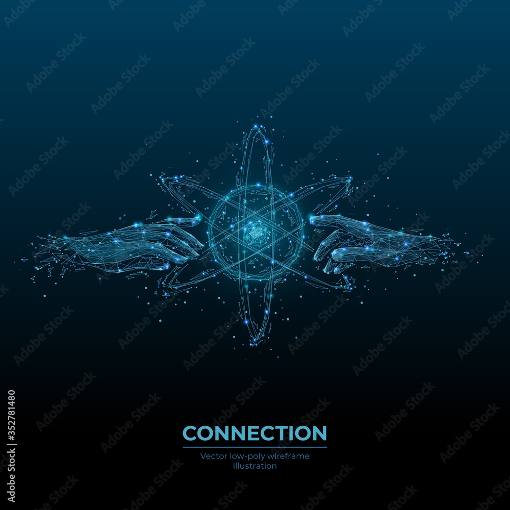 Poster 3d image of hands touching abstract technology circles with global connection lines. Vector connection, data exchange technology concept isolated in dark blue. Digital polygonal mesh 
