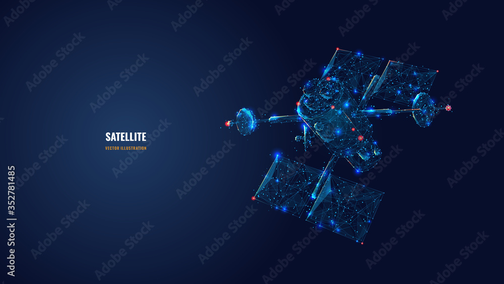 Poster abstract 3d communications satellite isolated in dark blue. wireless satellite technology, mobile co