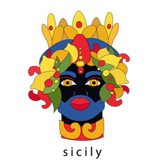 Traditional sicilian vase with moor head. Moorish idol. Italy, Sicily. Vector illustration of sicilian symbol, souvenir. Postcard, print design