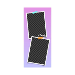Empty realistic photo frame for stories on social media with hashtag travel on purple background.