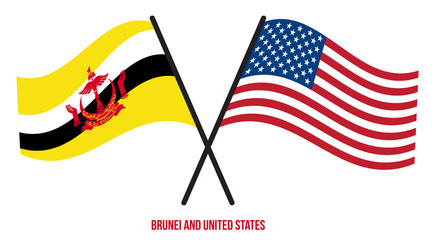 Brunei and United States Flags Crossed And Waving Flat Style. Official Proportion. Correct Colors