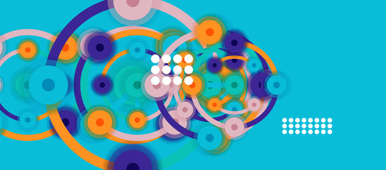 Flat style geometric abstract background, round dots or circle connections on color background. Technology network concept.