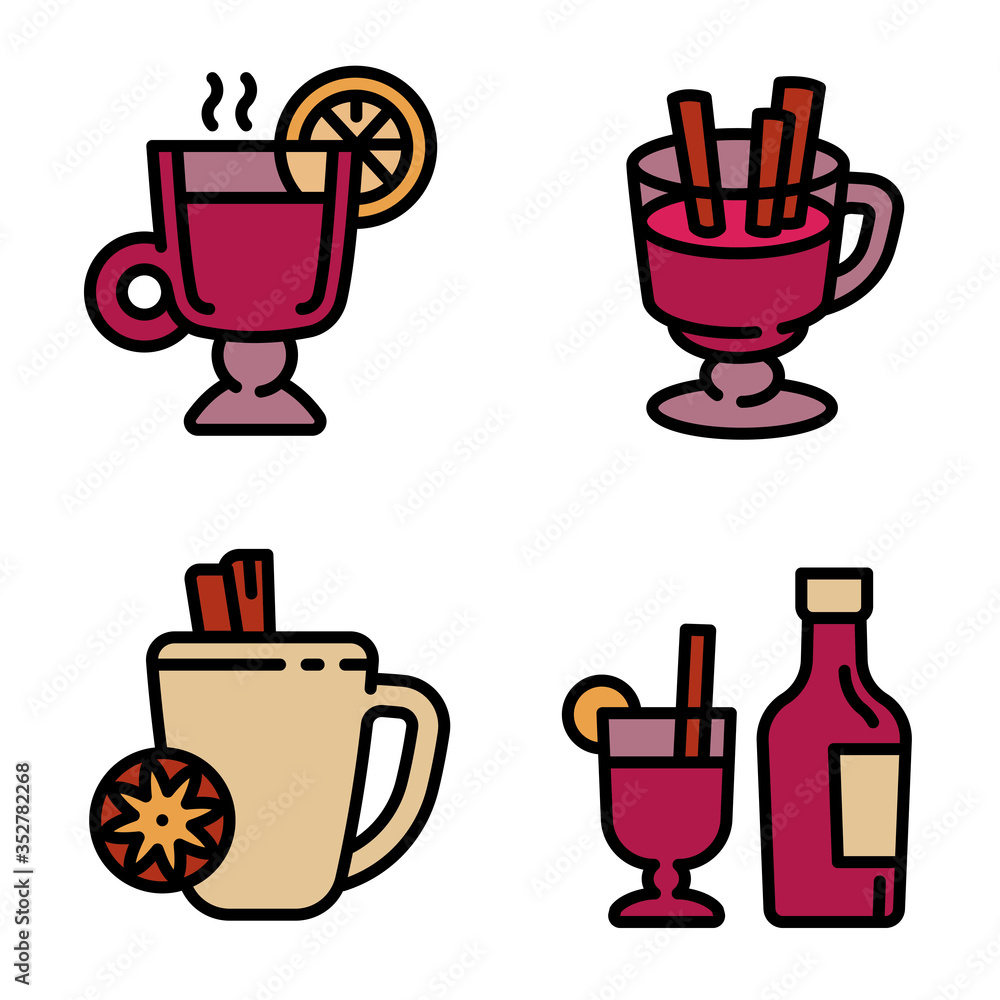 Poster mulled wine icons set. outline set of mulled wine vector icons for web design isolated on white back