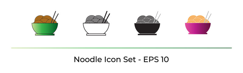 Noodle icon set. Consists of four types of icon design, flat, line filled, glyph, line. Design in trendy Isolated on white background