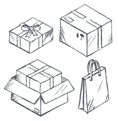 Collection of carton boxes, presents decorated with ribbon bow. Isolated icons sets, monochrome sketch outline. Delivery parcels with tape and signs, shopping bag. Shop symbols vector in flat